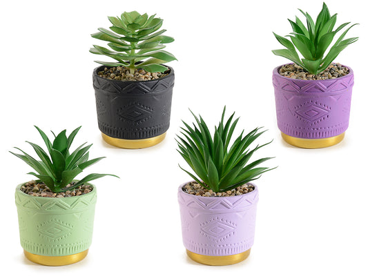 Vaso in Ceramica Lavorata - Base Dorata e Pianta Artificiale (4PZ.)