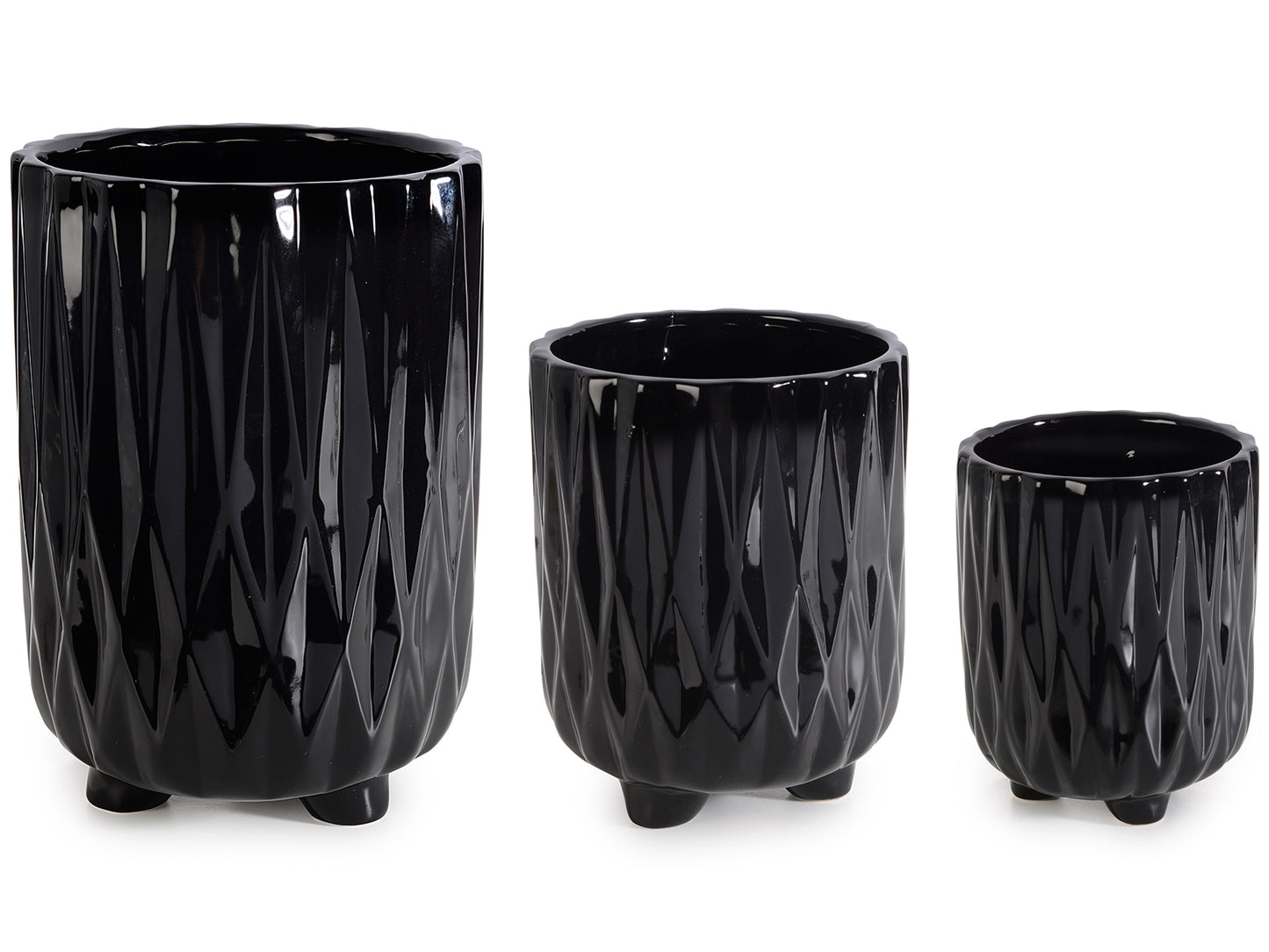 Set 3 Vasi in Ceramica Nera Lucida Lavorata