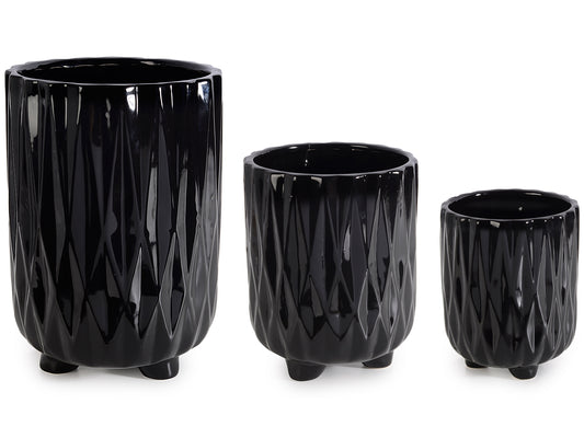 Set 3 Vasi in Ceramica Nera Lucida Lavorata