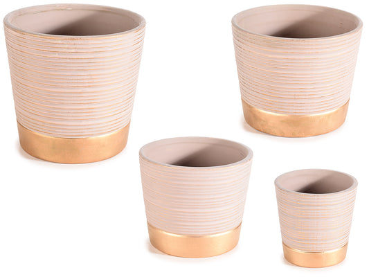 Set 4 Vasi Zigrinati in Ceramica con Finiture e Base Dorata
